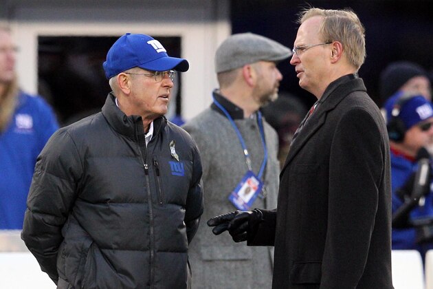 Nov 24, 2013; East Rutherford, NJ, USA; New York Giants head coach Tom Coughlin (left) talks to Giants president , CEO and co-owner John Mara before the start of a game against the Dallas Cowboys at MetLife Stadium. Mandatory Credit: Brad Penner-USA TODAY Sports