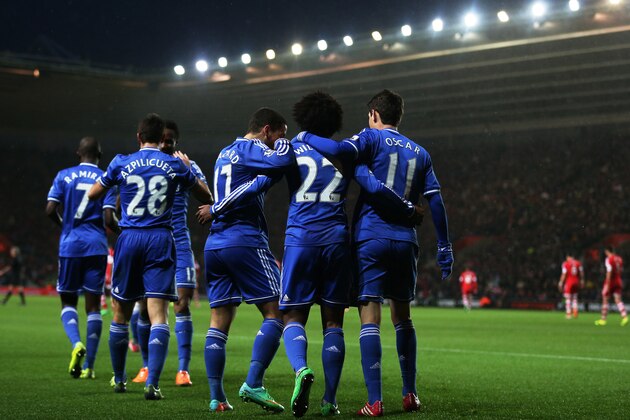 SOUTHAMPTON, ENGLAND - JANUARY 01: Willian #22 of Chelsea celebrates with teammates after scoring his team's second goal during the Barclays Premier League match between Southampton and Chelsea at St Mary's Stadium on January 1, 2014 in Southampton, England. (Photo by Warren Little/Getty Images) SOUTHAMPTON, ENGLAND - JANUARY 01: Willian #22 of Chelsea celebrates with teammates after scoring his team's second goal during the Barclays Premier League match between Southampton and Chelsea at St Mary's Stadium on January 1, 2014 in Southampton, England. (Photo by Warren Little/Getty Images)