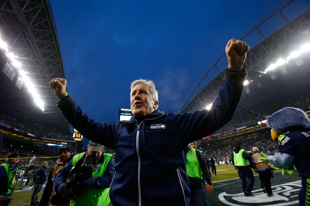 SEATTLE - DECEMBER 29:  Head coach Pete Carroll of the Seattle Seahawks celebrates after 27-9 victory over  the St. Louis Rams on December 29, 2013 at CenturyLink Field in Seattle, Washington.  (Photo by Jonathan Ferrey/Getty Images)