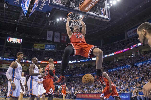 OKLAHOMA CITY, OK - DECEMBER 19 : Joakim Noah #13 of the Chicago Bulls dunks the ball against the Oklahoma City Thunder at the Chesapeak Arena on December 19, 2013 in Oklahoma City, Oklahoma. NOTE TO USER: User expressly acknowledges and agrees that, by downloading and/or using this photograph, user is consenting to the terms and conditions of the Getty Images License Agreement. Mandatory Copyright Notice: Copyright 2013 NBAE (Photo by Richard Rowe/NBAE via Getty Images) OKLAHOMA CITY, OK - DECEMBER 19 : Joakim Noah #13 of the Chicago Bulls dunks the ball against the Oklahoma City Thunder at the Chesapeak Arena on December 19, 2013 in Oklahoma City, Oklahoma. NOTE TO USER: User expressly acknowledges and agrees that, by downloading and/or using this photograph, user is consenting to the terms and conditions of the Getty Images License Agreement. Mandatory Copyright Notice: Copyright 2013 NBAE (Photo by Richard Rowe/NBAE via Getty Images)