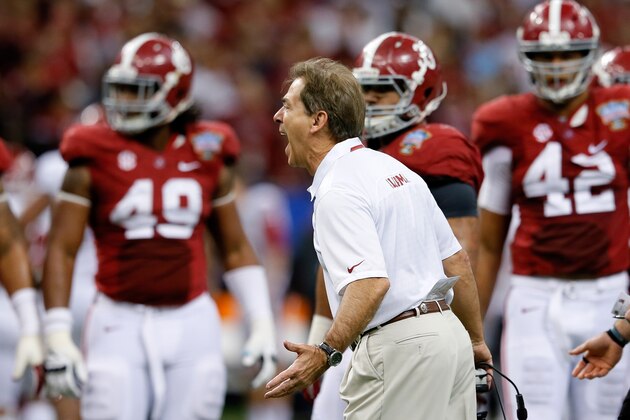 NEW ORLEANS, LA - JANUARY 02:  Head coach Nick Saban of the Alabama Crimson Tide reacts after a penalty during the game against the Oklahoma Sooners during the Allstate Sugar Bowl at the Mercedes-Benz Superdome on January 2, 2014 in New Orleans, Louisiana.  (Photo by Kevin C. Cox/Getty Images)