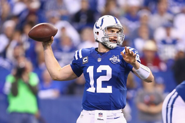 INDIANAPOLIS, IN - DECEMBER 15:  Andrew Luck #12 of the Indianapolis Colts throws a pass during the NFL game against the Houston Texans at Lucas Oil Stadium on December 15, 2013 in Indianapolis, Indiana.  (Photo by Andy Lyons/Getty Images)