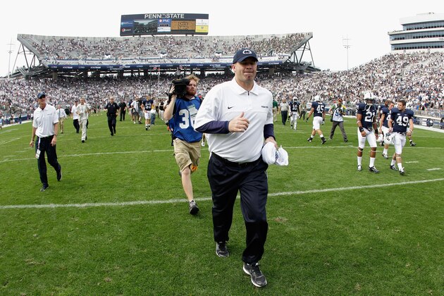 STATE COLLEGE, PA - SEPTEMBER 01: Head coach Bill O'Brien of the Penn State Nittany Lions runs off the field after losing 24-14 to the Ohio Bobcats at Beaver Stadium on September 1, 2012 in State College, Pennsylvania. (Photo by Rob Carr/Getty Images) STATE COLLEGE, PA - SEPTEMBER 01: Head coach Bill O'Brien of the Penn State Nittany Lions runs off the field after losing 24-14 to the Ohio Bobcats at Beaver Stadium on September 1, 2012 in State College, Pennsylvania. (Photo by Rob Carr/Getty Images)