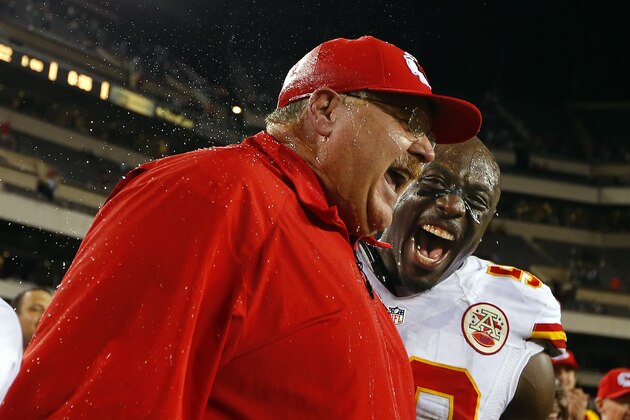 PHILADELPHIA, PA - SEPTEMBER 19: Head coach Andy Reid of the Kansas City Chiefs  reacts to getting a Gatorade shower with linebacker Justin Houston #50 after defeating the Philadelphia Eagles 26-16 during a game at Lincoln Financial Field on September 19, 2013 in Philadelphia, Pennsylvania. (Photo by Rich Schultz /Getty Images)
