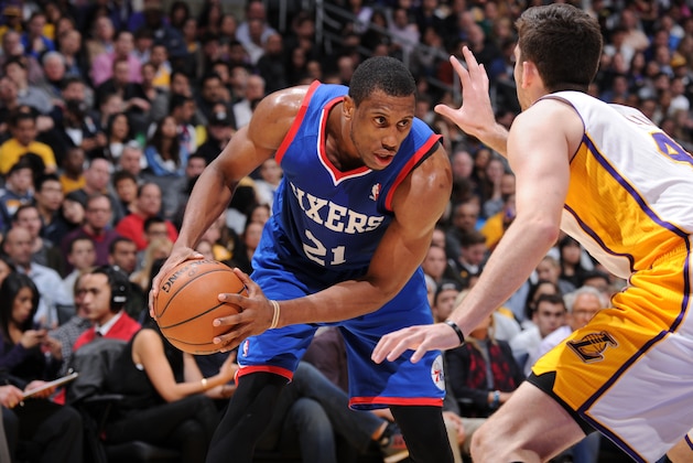 LOS ANGELES, CA - DECEMBER 29: Thaddeus Young #21 of the Philadelphia 76ers handles the basketball against Ryan Kelly #4 of the Los Angeles Lakers at STAPLES Center on December 29, 2013 in Los Angeles, California. NOTE TO USER: User expressly acknowledges and agrees that, by downloading and/or using this Photograph, user is consenting to the terms and conditions of the Getty Images License Agreement. Mandatory Copyright Notice: Copyright 2013 NBAE (Photo by Andrew D. Bernstein/NBAE via Getty Images) LOS ANGELES, CA - DECEMBER 29: Thaddeus Young #21 of the Philadelphia 76ers handles the basketball against Ryan Kelly #4 of the Los Angeles Lakers at STAPLES Center on December 29, 2013 in Los Angeles, California. NOTE TO USER: User expressly acknowledges and agrees that, by downloading and/or using this Photograph, user is consenting to the terms and conditions of the Getty Images License Agreement. Mandatory Copyright Notice: Copyright 2013 NBAE (Photo by Andrew D. Bernstein/NBAE via Getty Images)