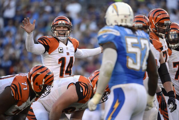 SAN DIEGO, CA - DECEMBER 1:  Andy Dalton #14 of the Cincinnati Bengals calls an audible during the game against the San Diego Chargers on December 1, 2013 at Qualcomm Stadium in San Diego, California. (Photo by Donald Miralle/Getty Images)