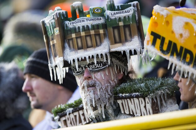 GREEN BAY, WI - DECEMBER 23: Green Bay Packers fans with a frozen tundra  hat on during the Tennessee Titans game at Lambeau Field on December 23, 2012 in Green Bay, Wisconsin.  (Photo by Tom Lynn /Getty Images)