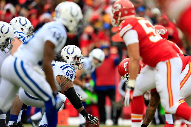 KANSAS CITY, MO - DECEMBER 22:  Center Samson Satele #64 of the Indianapolis Colts prepares to snap the ball during the game against the Kansas City Chiefs at Arrowhead Stadium on December 22, 2013 in Kansas City, Missouri.  (Photo by Jamie Squire/Getty Images)