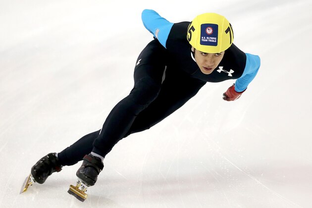 SALT LAKE CITY, UT - JANUARY 02:  J.R. Celski competes in the men's 1,000 meter time trial during the U.S. Olympic Short Track Trials at the Utah Olympic Oval on January 2, 2014 in Salt Lake City, Utah.  (Photo by Matthew Stockman/Getty Images)