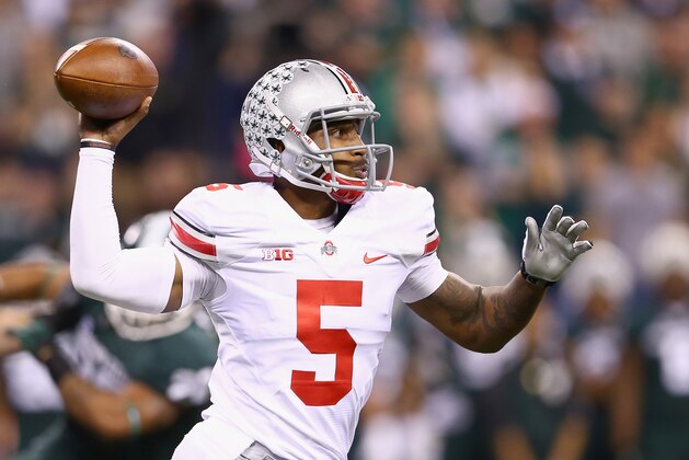 INDIANAPOLIS, IN - DECEMBER 07:  Quarterback Braxton Miller #5 of the Ohio State Buckeyes delivers a pass during the Big Ten Conference Championship game against the Michigan State Spartans at Lucas Oil Stadium on December 7, 2013 in Indianapolis, Indiana.  (Photo by Andy Lyons/Getty Images)