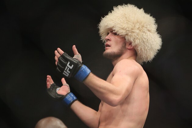 Sep 21, 2013; Toronto, Ontario, CAN; Khabib Nurmagomedov celebrates his victory over Pat Healy (not pictured) during their Lightweight bout at UFC 165 at the Air Canada Centre. Mandatory Credit: Tom Szczerbowski-USA TODAY Sports