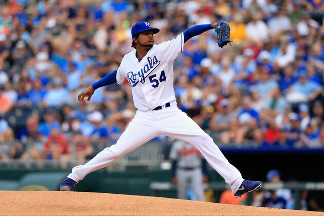 KANSAS CITY, MO - JUNE 25:  Starting pitcher Ervin Santana #54 of the Kansas City Royals in action during the game against the Atlanta Braves at Kauffman Stadium on June 25, 2013 in Kansas City, Missouri.  (Photo by Jamie Squire/Getty Images)