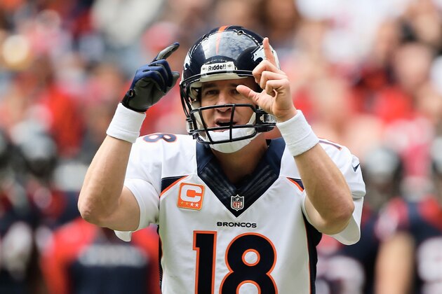 HOUSTON, TX - DECEMBER 22:  Peyton Manning #18 of the Denver Broncos calls a play during the first half of the game against the Houston Texans at Reliant Stadium on December 22, 2013 in Houston, Texas.  (Photo by Scott Halleran/Getty Images)