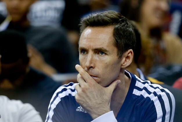 Nov 8, 2013; New Orleans, LA, USA;  Los Angeles Lakers guard Steve Nash sits on the bench during the second half of a game against the New Orleans Pelicans at New Orleans Arena. The Pelicans defeated the Lakers 96-85. Mandatory Credit: Derick E. Hingle-USA TODAY Sports