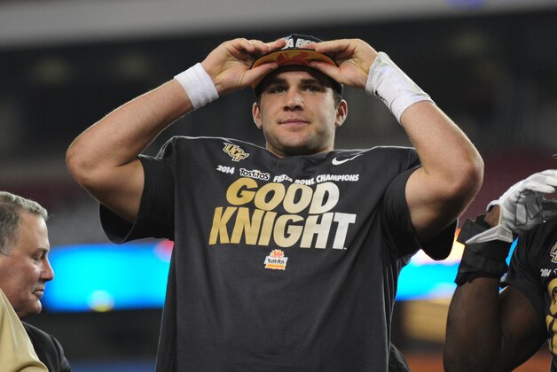 Jan 1, 2014; Glendale, AZ, USA; UCF Knights quarterback Blake Bortles (5) celebrates after beating Baylor Bears 49-35 in the Fiesta Bowl at University of Phoenix Stadium. Mandatory Credit: Matt Kartozian-USA TODAY Sports Jan 1, 2014; Glendale, AZ, USA; UCF Knights quarterback Blake Bortles (5) celebrates after beating Baylor Bears 49-35 in the Fiesta Bowl at University of Phoenix Stadium. Mandatory Credit: Matt Kartozian-USA TODAY Sports
