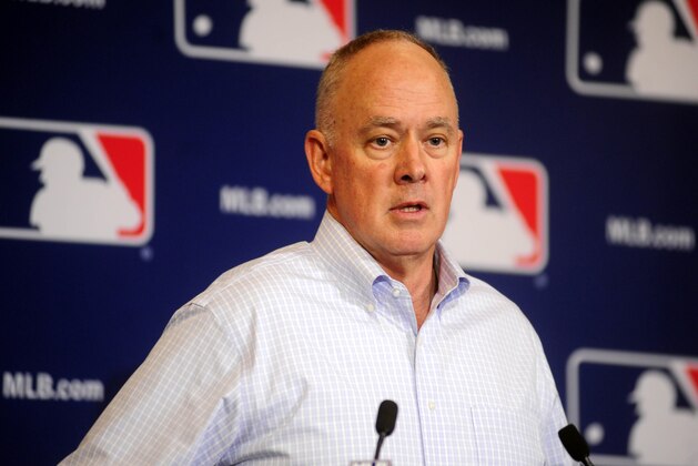 Dec 11, 2013; Orlando, FL, USA; New York Mets general manager Sandy Alderson announces that the MLB rules committee approved a change eliminating collisions at home plate during the MLB Winter Meetings at the Walt Disney World Swan and Dolphin Resort. The proposed rule change goes to the owners and the MLB Players association for approval. Mandatory Credit: David Manning-USA TODAY Sports