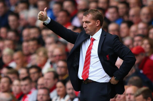 LIVERPOOL, ENGLAND - SEPTEMBER 01:  Liverpool Manager Brendan Rodgers gestures during the Barclays Premier League match between Liverpool and Manchester United at Anfield on September 01, 2013 in Liverpool, England.  (Photo by Alex Livesey/Getty Images)
