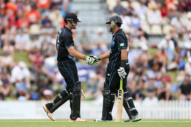 NELSON, NEW ZEALAND - JANUARY 04: Martin Guptill of New Zealand (L) with Ross Taylor (R) during game four of the One Day International Series between New Zealand and the West Indies at Saxton Field on January 4, 2014 in Nelson, New Zealand.  (Photo by Martin Hunter/Getty Images)