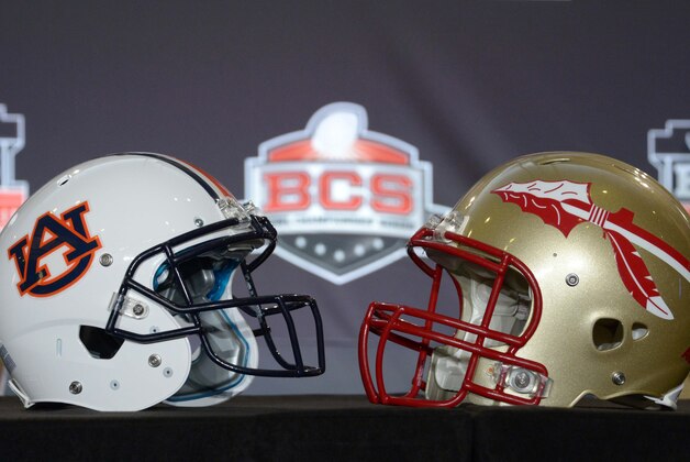 Jan 2, 2014; Newport Beach, CA, USA;  General view of the Florida State Seminoles (right) and Auburn Tigers helmets at the 2014 BCS National Championship press conference at Newport Beach Marriott. Mandatory Credit: Kirby Lee-USA TODAY Sports