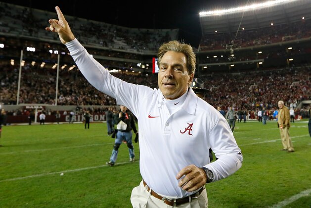 TUSCALOOSA, AL - NOVEMBER 09: Head coach Nick Saban of the Alabama Crimson Tide celebrates their 38-17 win over the LSU Tigers at Bryant-Denny Stadium on November 9, 2013 in Tuscaloosa, Alabama. (Photo by Kevin C. Cox/Getty Images) TUSCALOOSA, AL - NOVEMBER 09: Head coach Nick Saban of the Alabama Crimson Tide celebrates their 38-17 win over the LSU Tigers at Bryant-Denny Stadium on November 9, 2013 in Tuscaloosa, Alabama. (Photo by Kevin C. Cox/Getty Images)