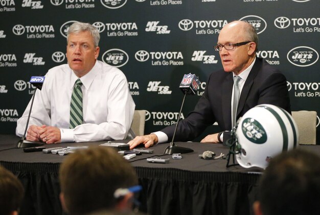 Jan 8, 2013; Florham Park, NJ, USA; New York Jets owner Woody Johnson (right) and head coach Rex Ryan (left) review the 2012 season and address changes for 2013 at the New York Jets Training Facility. Mandatory Credit: Jim O'Connor-USA TODAY Sports Jan 8, 2013; Florham Park, NJ, USA; New York Jets owner Woody Johnson (right) and head coach Rex Ryan (left) review the 2012 season and address changes for 2013 at the New York Jets Training Facility. Mandatory Credit: Jim O'Connor-USA TODAY Sports