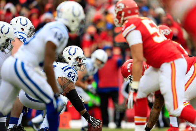 KANSAS CITY, MO - DECEMBER 22: Center Samson Satele #64 of the Indianapolis Colts prepares to snap the ball during the game against the Kansas City Chiefs at Arrowhead Stadium on December 22, 2013 in Kansas City, Missouri. (Photo by Jamie Squire/Getty Images) KANSAS CITY, MO - DECEMBER 22: Center Samson Satele #64 of the Indianapolis Colts prepares to snap the ball during the game against the Kansas City Chiefs at Arrowhead Stadium on December 22, 2013 in Kansas City, Missouri. (Photo by Jamie Squire/Getty Images)