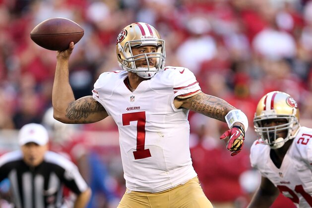GLENDALE, AZ - DECEMBER 29: Colin Kaepernick #7 of the San Francisco 49ers throws a pass against the Arizona Cardinals during a game at University of Phoenix Stadium on December 29, 2013 in Glendale, Arizona. (Photo by Christian Petersen/Getty Images) GLENDALE, AZ - DECEMBER 29: Colin Kaepernick #7 of the San Francisco 49ers throws a pass against the Arizona Cardinals during a game at University of Phoenix Stadium on December 29, 2013 in Glendale, Arizona. (Photo by Christian Petersen/Getty Images)