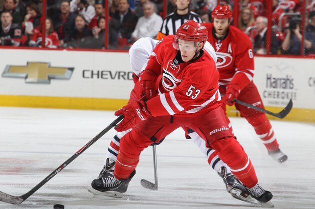 RALEIGH, NC - DECEMBER 23: Jeff Skinner #53 of the Carolina Hurricanes maintains control of the puck against the Columbus Blue Jackets during their NHL game at PNC Arena on December 23, 2013 in Raleigh, North Carolina. (Photo by Gregg Forwerck/NHLI via Getty Images) RALEIGH, NC - DECEMBER 23: Jeff Skinner #53 of the Carolina Hurricanes maintains control of the puck against the Columbus Blue Jackets during their NHL game at PNC Arena on December 23, 2013 in Raleigh, North Carolina. (Photo by Gregg Forwerck/NHLI via Getty Images)