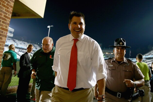 CHAPEL HILL, NC - OCTOBER 17:  Head coach Al Golden of the Miami Hurricanes celebrates after defeating the North Carolina Tar Heels at Kenan Stadium on October 17, 2013 in Chapel Hill, North Carolina.  (Photo by Streeter Lecka/Getty Images)