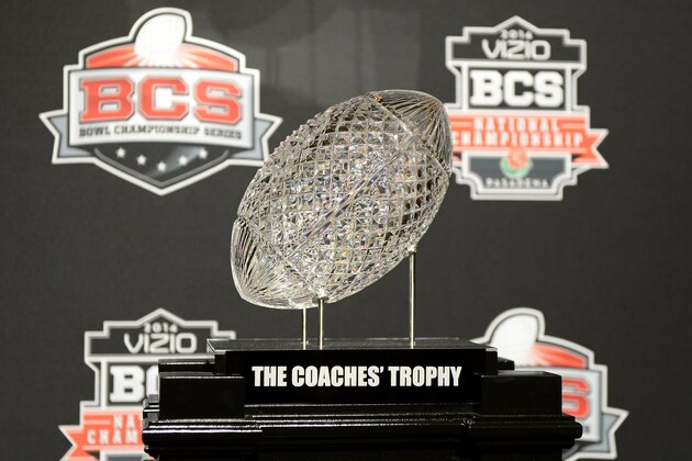 NEWPORT BEACH, CA - JANUARY 4:  The Coaches' Trophy is on display during the Vizio BCS National Championship media day news conference January 4, 2014 in Newport Beach, California.    (Photo by Kevork Djansezian/Getty Images)