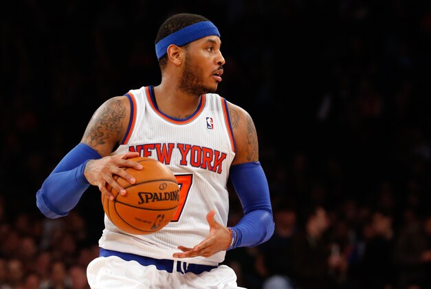 Dec 21, 2013; New York, NY, USA;  New York Knicks small forward Carmelo Anthony (7) advances the ball during the third quarter against the Memphis Grizzlies at Madison Square Garden. Memphis Grizzlies won 95-87.  Mandatory Credit: Anthony Gruppuso-USA TODAY Sports
