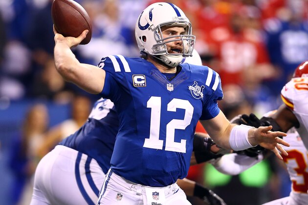 INDIANAPOLIS, IN - JANUARY 04: Quarterback Andrew Luck #12 of the Indianapolis Colts passes against the Kansas City Chiefs during a Wild Card Playoff game at Lucas Oil Stadium on January 4, 2014 in Indianapolis, Indiana.  (Photo by Andy Lyons/Getty Images)