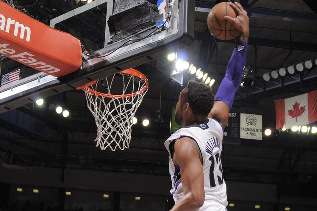 SACRAMENTO, CA - JANUARY 2: Derrick Williams #13 of the Sacramento Kings dunks the ball against the Philadelphia 76ers at Sleep Train Arena on January 2, 2014 in Sacramento, California. NOTE TO USER: User expressly acknowledges and agrees that, by downloading and or using this photograph, User is consenting to the terms and conditions of the Getty Images Agreement. Mandatory Copyright Notice: Copyright 2014 NBAE (Photo by Rocky Widner/NBAE via Getty Images)