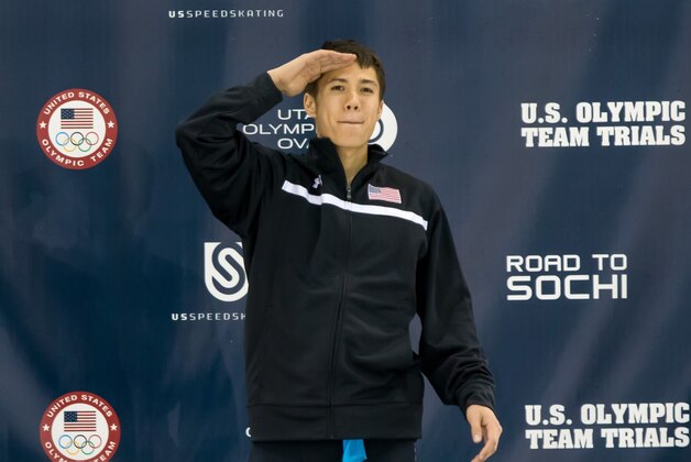 Jan 4, 2014; Kearns, UT, USA; J.R. Celski salutes the crowd after winning the 500m of the U.S. Olympic short track speedskating trials at Utah Olympic Oval. Mandatory Credit: Chris Nicoll-USA TODAY Sports Jan 4, 2014; Kearns, UT, USA; J.R. Celski salutes the crowd after winning the 500m of the U.S. Olympic short track speedskating trials at Utah Olympic Oval. Mandatory Credit: Chris Nicoll-USA TODAY Sports
