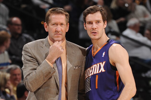 DENVER, CO - December 20:  Jeff Hornacek and Goran Dragic #1 of the Phoenix Suns talk against the Denver Nuggets on December 20, 2013 at the Pepsi Center in Denver, Colorado. NOTE TO USER: User expressly acknowledges and agrees that, by downloading and/or using this Photograph, user is consenting to the terms and conditions of the Getty Images License Agreement. Mandatory Copyright Notice: Copyright 2013 NBAE (Photo by Bart Young/NBAE via Getty Images)