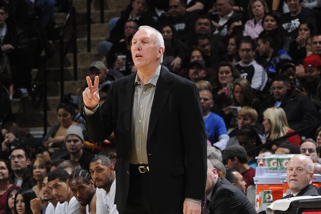 SAN ANTONIO, TX - January 2: Gregg Popovich of the San Antonio Spurs calls a play during the game against the New York Knicks at the AT&T Center on January 2, 2014 in San Antonio, Texas. NOTE TO USER: User expressly acknowledges and agrees that, by downloading and or using this photograph, user is consenting to the terms and conditions of the Getty Images License Agreement. Mandatory Copyright Notice: Copyright 2014 NBAE (Photos by D. Clarke Evans/NBAE via Getty Images)