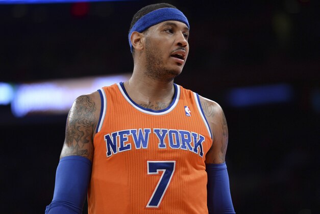 Dec 8, 2013; New York, NY, USA; New York Knicks small forward Carmelo Anthony (7) looks on against the Boston Celtics during the second half at Madison Square Garden. The Celtics won the game 114-73. Mandatory Credit: Joe Camporeale-USA TODAY Sports Dec 8, 2013; New York, NY, USA; New York Knicks small forward Carmelo Anthony (7) looks on against the Boston Celtics during the second half at Madison Square Garden. The Celtics won the game 114-73. Mandatory Credit: Joe Camporeale-USA TODAY Sports
