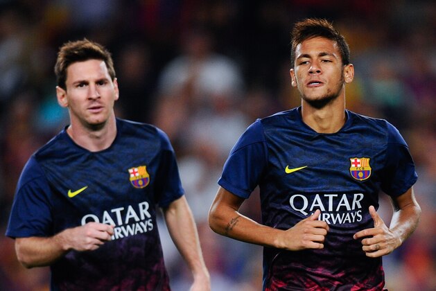 BARCELONA, SPAIN - AUGUST 28: Lionel Messi (L) of FC Barcelona and his team-mate Neymar look on during the warm up prior to the Spanish Super Cup second leg match between FC Barcelona and Atletico de Madrid at Nou Camp on August 28, 2013 in Barcelona, Spain. (Photo by David Ramos/Getty Images) BARCELONA, SPAIN - AUGUST 28: Lionel Messi (L) of FC Barcelona and his team-mate Neymar look on during the warm up prior to the Spanish Super Cup second leg match between FC Barcelona and Atletico de Madrid at Nou Camp on August 28, 2013 in Barcelona, Spain. (Photo by David Ramos/Getty Images)