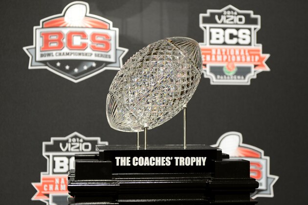 NEWPORT BEACH, CA - JANUARY 4:  The Coaches' Trophy is on display during the Vizio BCS National Championship media day news conference January 4, 2014 in Newport Beach, California.    (Photo by Kevork Djansezian/Getty Images)