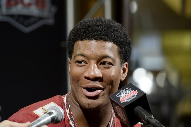 NEWPORT BEACH, CA - JANUARY 4:  Quarterback Jameis Winston #5 of the Florida State Seminoles speaks during a Vizio BCS National Championship media day news conference January 4, 2014 in Newport Beach, California. Winston will celebrate his birthday on January 6, the same day as the BCS game.  (Photo by Kevork Djansezian/Getty Images)