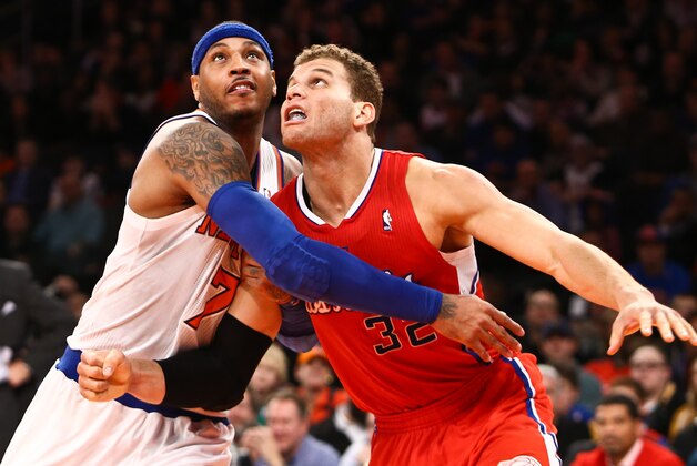Feb. 10, 2013; New York, NY, USA; New York Knicks small forward Carmelo Anthony (7) and Los Angeles Clippers power forward Blake Griffin (32) battle for the rebound during the second half at Madison Square Garden. Clippers won 102-88. Mandatory Credit: Debby Wong-USA TODAY Sports