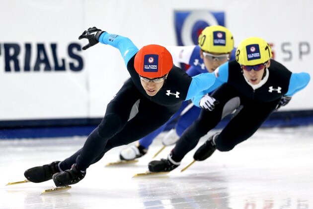 SALT LAKE CITY, UT - JANUARY 04:  J.R. Celski #705 (red helmet) skates in the second men's 500 meter semifinal during the U.S. Olympic Short Track Trials at the Utah Olympic Oval on January 4, 2014 in Salt Lake City, Utah.  (Photo by Matthew Stockman/Getty Images)