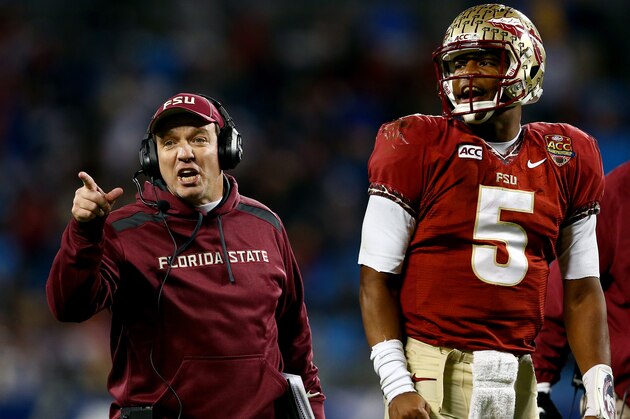 CHARLOTTE, NC - DECEMBER 07:  Head coach Jimbo Fisher and quarterback Jameis Winston #5 of the Florida State Seminoles looks on against the Duke Blue Devils during the ACC Championship game at Bank of America Stadium on December 7, 2013 in Charlotte, North Carolina.  (Photo by Streeter Lecka/Getty Images)