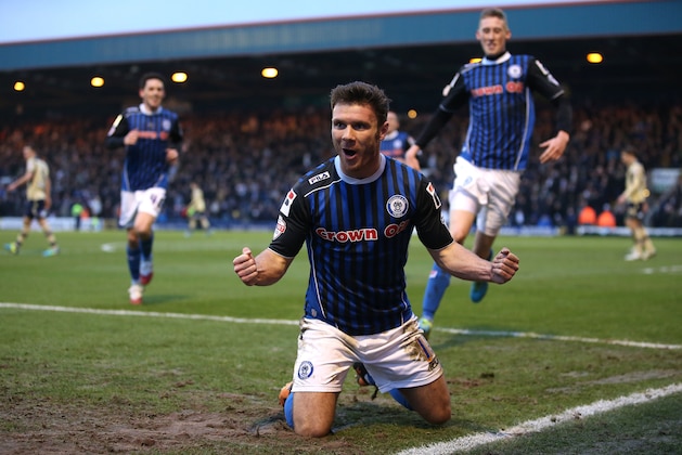 ROCHDALE, ENGLAND - JANUARY 4:  Scott Hogan of Rochdale AFC celebrates his goal during the Budweiser FA Cup third round match between Rochdale and Leeds United at Spotland Stadium on January 4, 2014 in Rochdale, England.  (Photo by Jan Kruger/Getty Images)