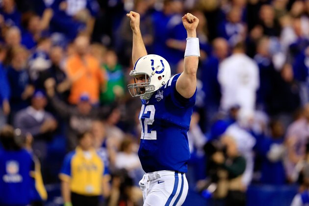 INDIANAPOLIS, IN - JANUARY 04:  Quarterback Andrew Luck #12 of the Indianapolis Colts celebrates after defeating the Kansas City Chiefs 45-44 in a Wild Card Playoff game at Lucas Oil Stadium on January 4, 2014 in Indianapolis, Indiana.  (Photo by Rob Carr/Getty Images)