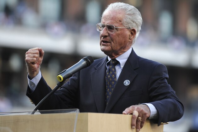 SAN DIEGO, CA - SEPTEMBER 15: San Diego Padres broadcaster Jerry Coleman speaks as he's honored at Jerry Coleman Day before a baseball game between the San Diego Padres and the Colorado Rockies at Petco Park on September 15, 2012 in San Diego, California. (Photo by Denis Poroy/Getty Images) SAN DIEGO, CA - SEPTEMBER 15: San Diego Padres broadcaster Jerry Coleman speaks as he's honored at Jerry Coleman Day before a baseball game between the San Diego Padres and the Colorado Rockies at Petco Park on September 15, 2012 in San Diego, California. (Photo by Denis Poroy/Getty Images)