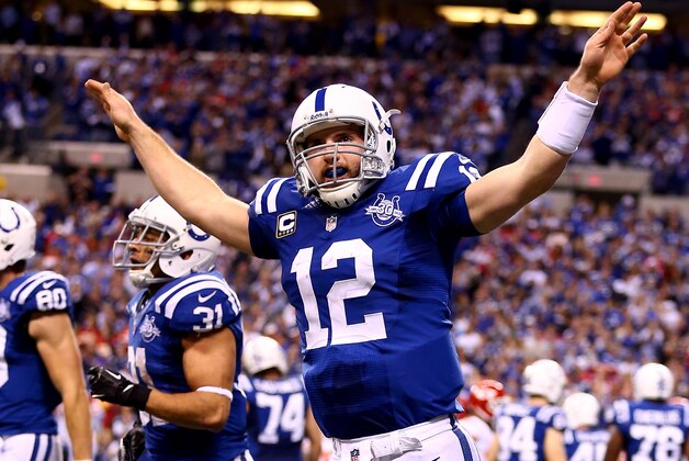INDIANAPOLIS, IN - JANUARY 04:  Quarterback Andrew Luck #12 of the Indianapolis Colts celebrates a fourth quarter touchdown against the Kansas City Chiefs during a Wild Card Playoff game at Lucas Oil Stadium on January 4, 2014 in Indianapolis, Indiana.  (Photo by Andy Lyons/Getty Images)