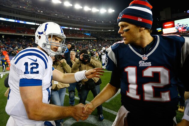 FOXBORO, MA - NOVEMBER 18:  Andrew Luck #12 of the Indianapolis Colts shakes hands with Tom Brady #12 of the New England Patriots following their game on November 18, 2012 at Gillette Stadium in Foxboro, Massachusetts.  (Photo by Jared Wickerham/Getty Images)