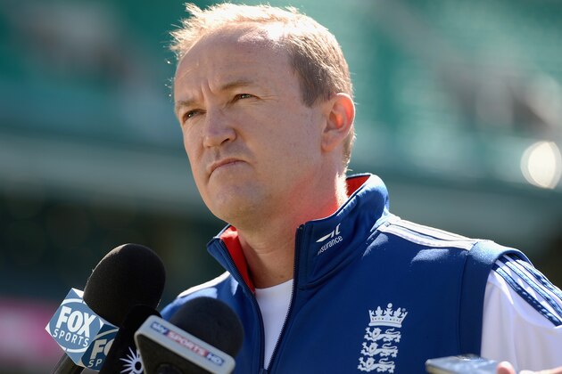 SYDNEY, AUSTRALIA - JANUARY 06:  England coach Andy Flower talks to the media at a press conference at the Sydney Cricket Ground on January 6, 2014 in Sydney, Australia.  (Photo by Gareth Copley/Getty Images)