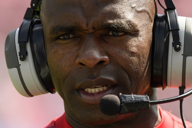 Oct 5, 2013; Philadelphia, PA, USA; Louisville Cardinals head coach Charlie Strong along the sidelines during the second quarter against the Temple Owls at Lincoln Financial Field. Louisville defeated Temple 30-7. Mandatory Credit: Howard Smith-USA TODAY Sports